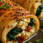 Rolled Up Chicken with Feta, Spinach, and Sun-Dried Tomatoes 5 Close-up view of sliced chicken breast rolled and stuffed with feta cheese, spinach, and sun-dried tomatoes, plated beautifully in a rustic ceramic bowl on a wooden kitchen table under soft lighting.