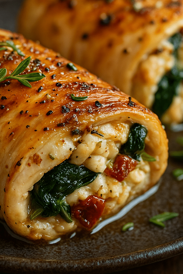 Rolled Up Chicken with Feta, Spinach, and Sun-Dried Tomatoes 4 Close-up view of sliced chicken breast Rolled Up Chicken with Feta, spinach, and sun-dried tomatoes, plated beautifully in a rustic ceramic bowl on a wooden kitchen table under soft lighting.