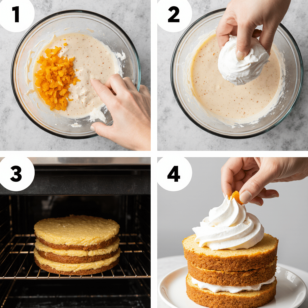 Dreamy Orange Creamsicle Cake – A Slice of Sunshine! 8 Creamsicle Cake Recipe step – mixing / baking / frosting