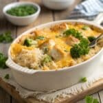 Cheesy Chicken and Rice Gluten Free Recipe 5 close up of a golden baked cheesy chicken and rice