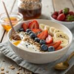 close up of a high protein yogurt bowl creamy gre