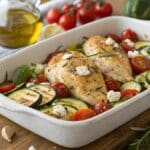 close up of a mediterranean chicken zucchini bake