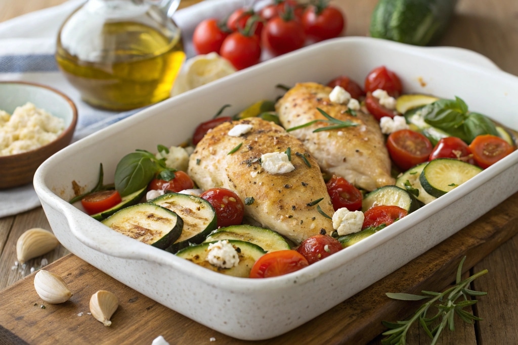 close up of a mediterranean chicken zucchini bake
