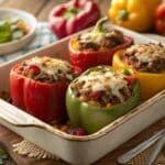 close up of colorful stuffed bell peppers filled w 1