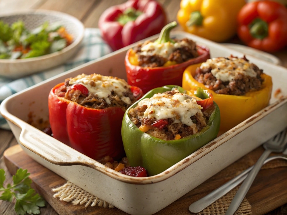 close up of colorful stuffed bell peppers filled w 1