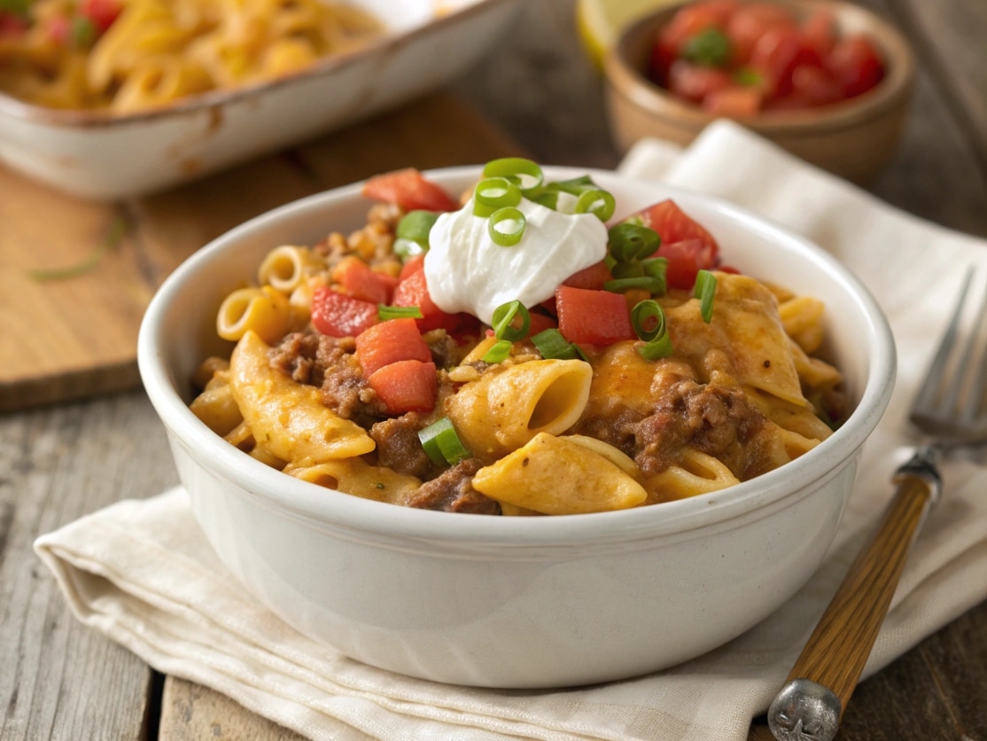 creamy cheesy beef taco pasta in a rustic white ceramic bowl, melty cheddar and Monterey Jack cheese stretching across tender pasta shells, seasoned ground beef coated in rich taco sauce, topped with fresh diced tomatoes,