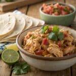 close up of crockpot mexican chicken served in a r
