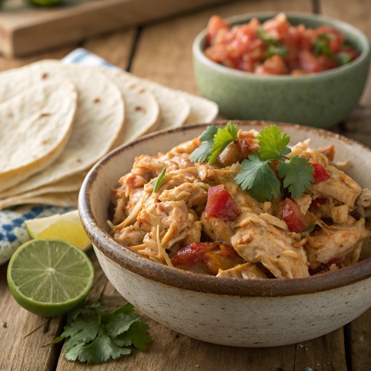 close up of crockpot mexican chicken served in a r