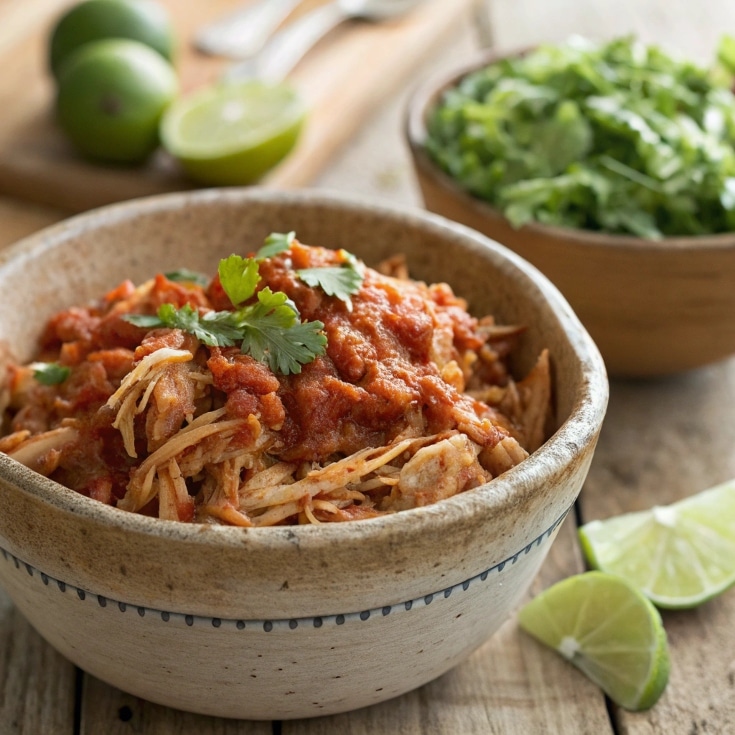 close up of crockpot salsa chicken served in a rus 1