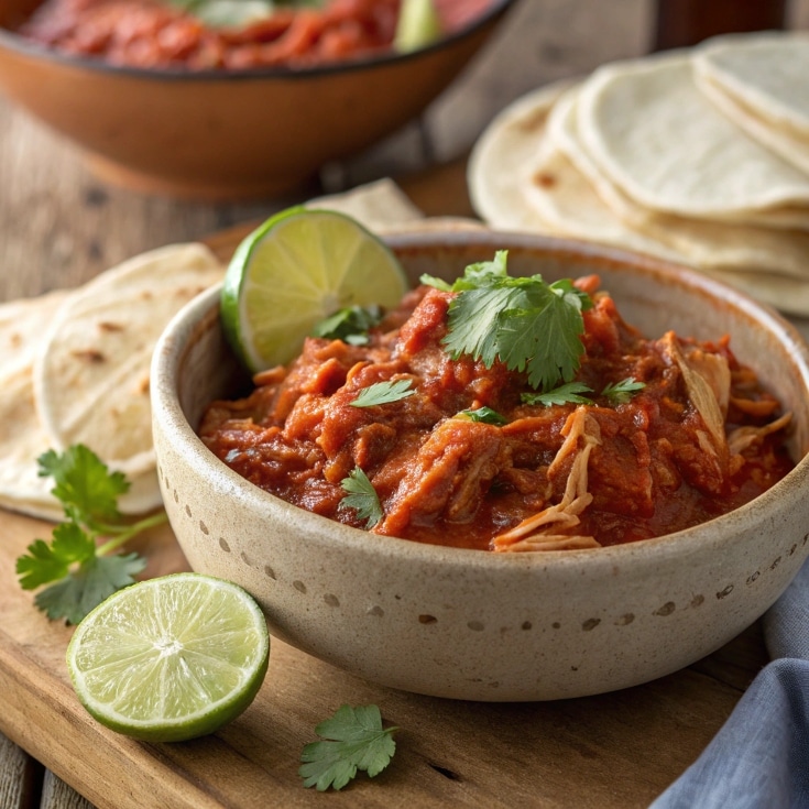close up of crockpot salsa chicken served in a rus