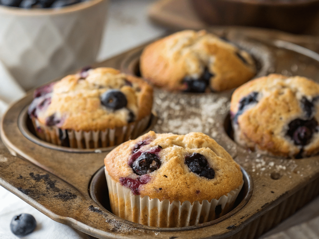close up of easy blueberry muffins cooling in a ru edited