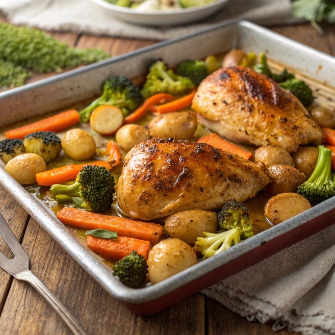 Sheet Pan Garlic Butter Chicken and Veggies 4 close up of golden roasted sheet pan garlic butter