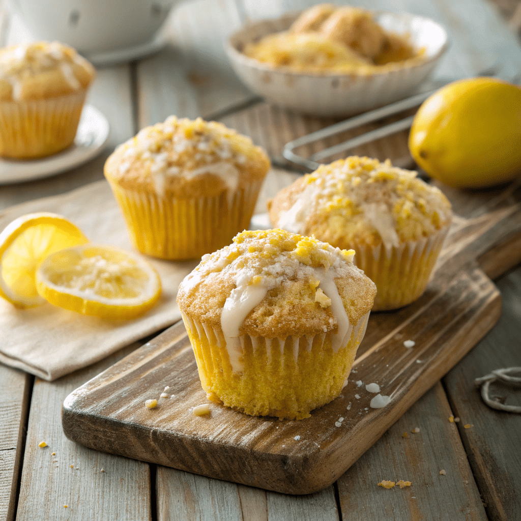 close up of lemon crumb muffins with lemon glaze o