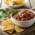 close up restaurant style salsa flecks of tomato