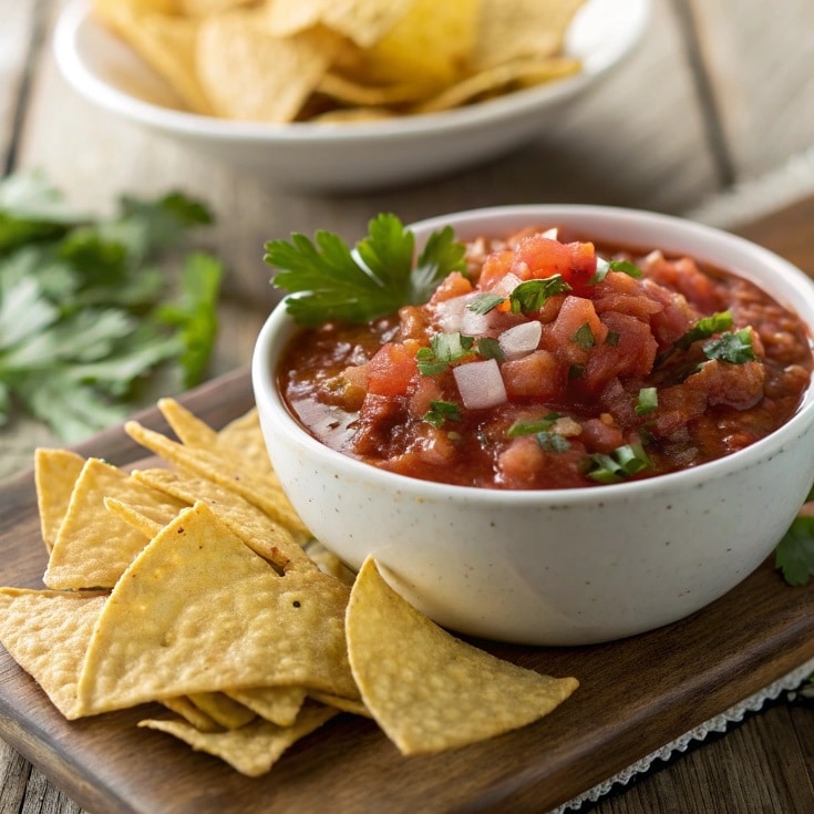 close up restaurant style salsa flecks of tomato
