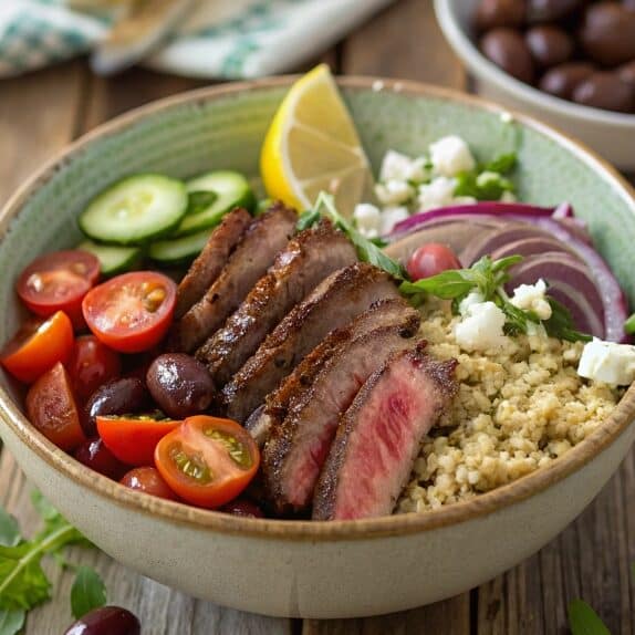 close up ultra zoom of a colorful greek steak bowl 1 edited
