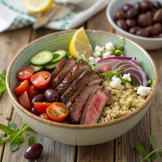 close up ultra zoom of a colorful greek steak bowl 1