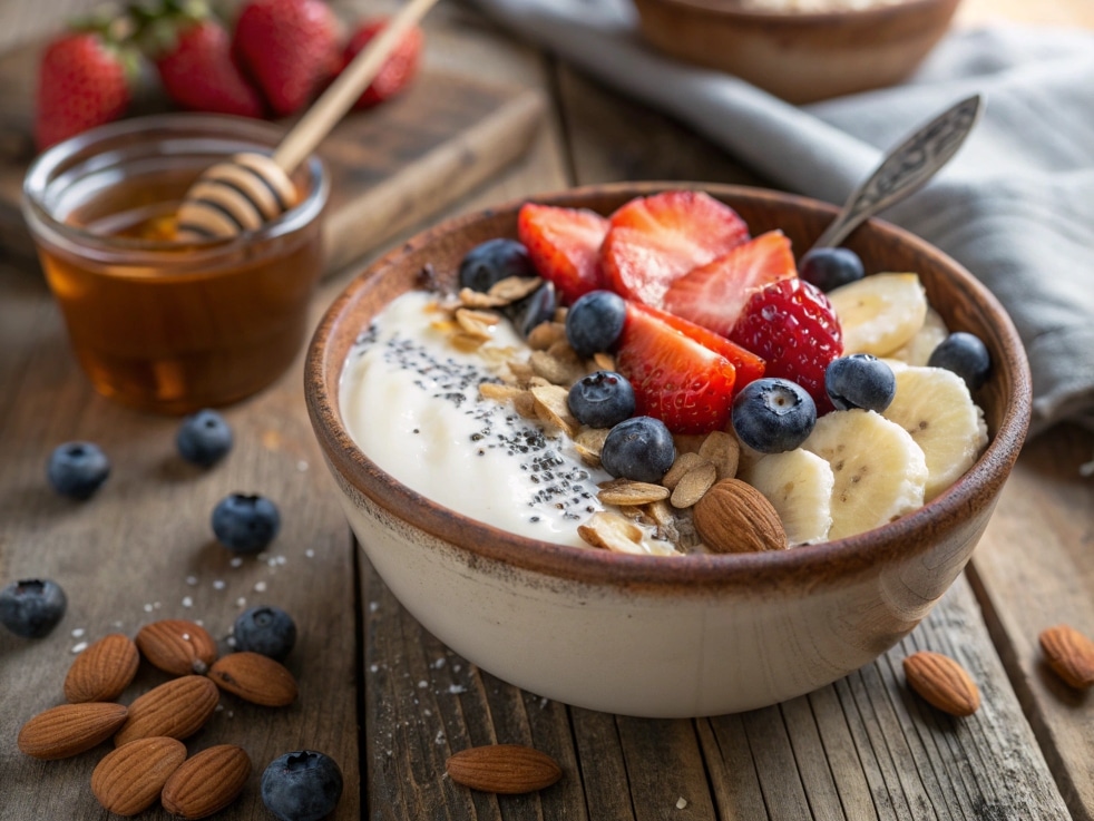 close up ultra zoom of a high protein yogurt bowl