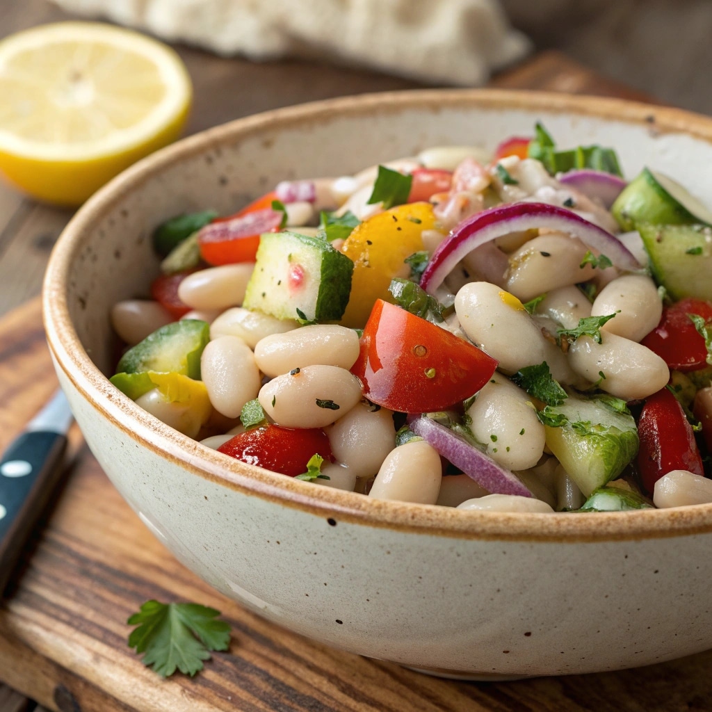 Mediterranean White Bean Salad 4 close up ultra zoom of a mediterranean white bean