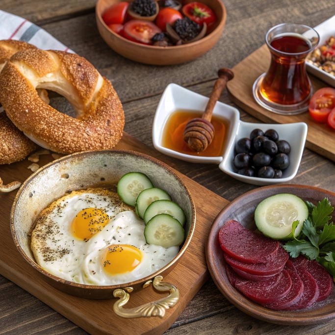 close up ultra zoom of a vibrant turkish breakfast