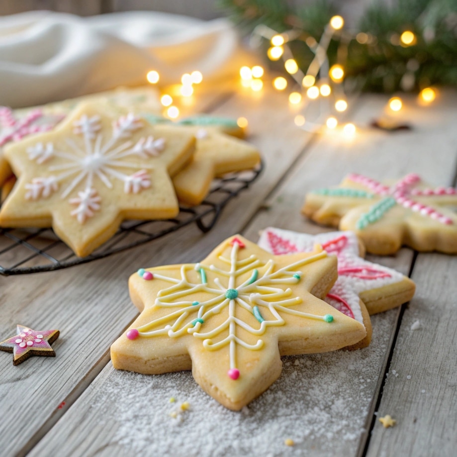 close up ultra zoom of golden sugar cookies shaped