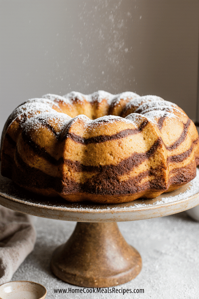 Cinnamon Swirl Bundt Cake – A Cozy Dessert Delight! 4 A cinnamon swirl bundt cake with soft marbled layers, dusted with powdered sugar and served on a rustic cake stand.