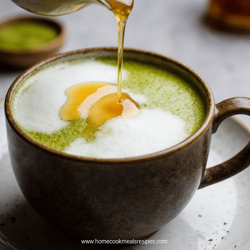 close-up_of_a_freshly_made_creamy_honey_matcha_latte_recipe_served_in_a_rustic_ceramic_bowl_golden__huhumh49lktuyl3nsg7q_3 A creamy honey matcha latte served in a rustic ceramic mug, with golden honey swirls on top of frothy green matcha, set on a cozy wooden kitchen table