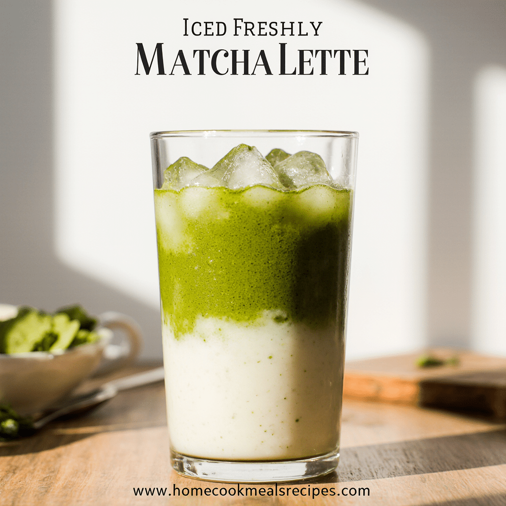 Iced Matcha Latte – Easy, Fresh & Delicious 4 A tall glass of iced matcha latte layered with creamy milk and vibrant green matcha, topped with ice cubes, sitting on a rustic wooden counter in natural sunlight.