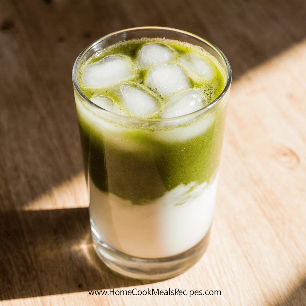 A tall glass of iced matcha latte layered with creamy milk and vibrant green matcha, topped with ice cubes, sitting on a rustic wooden counter in natural sunlight.