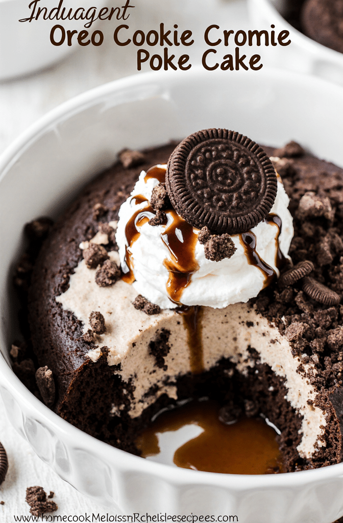 close up of a freshly made indulgent oreo cookie poke cake served in a rustic ceramic baking dish m bg6e3hc0hqaawwm6tnmo 2