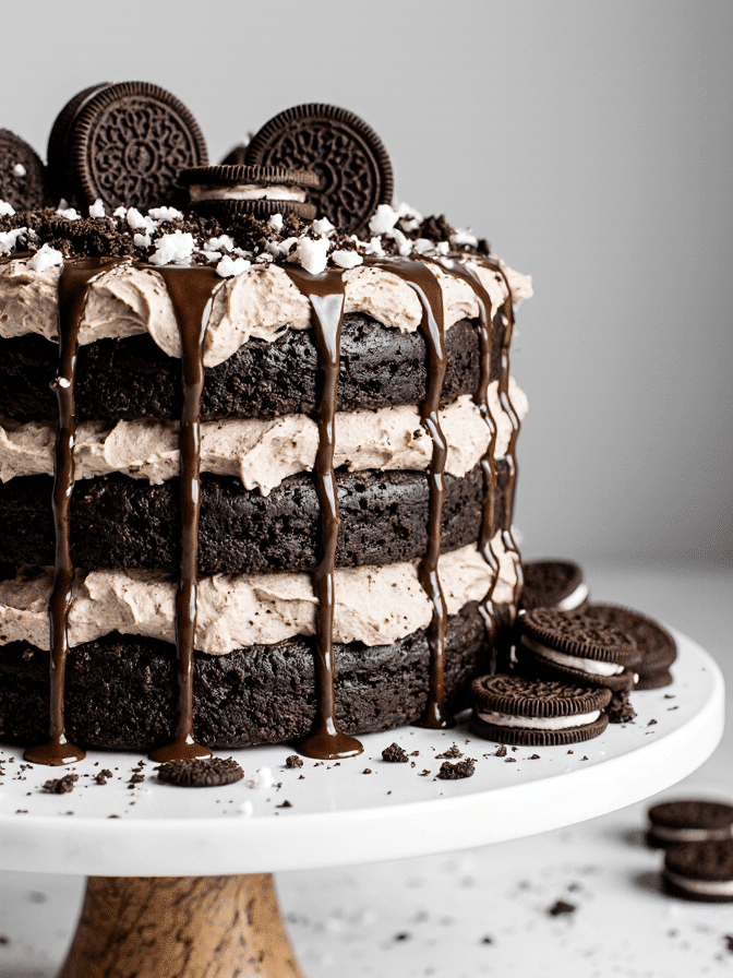 Easy Cookies and Cream Cake Recipe with White Chocolate Mousse & Oreo Goodness 4 Fluffy Cookies and Cream Cake Recipe layered with mousse frosting and Oreo cookie crumbles, styled on a rustic cake stand under soft farmhouse lighting.