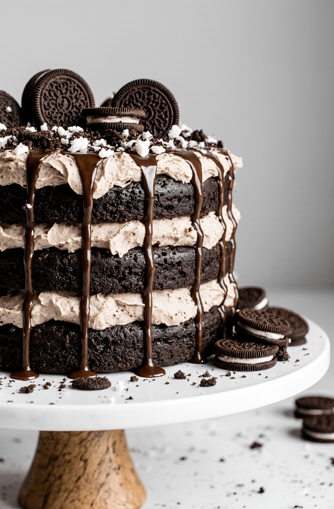 Fluffy cookies and cream cake layered with mousse frosting and Oreo cookie crumbles, styled on a rustic cake stand under soft farmhouse lighting.