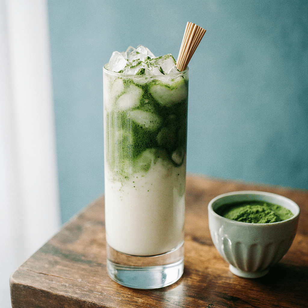 Iced Matcha Latte – Easy, Fresh & Delicious 10 Aesthetic iced matcha latte in a clear glass, creamy green tones with swirls of milk, styled on a wooden tray with matcha powder and bamboo whisk nearby