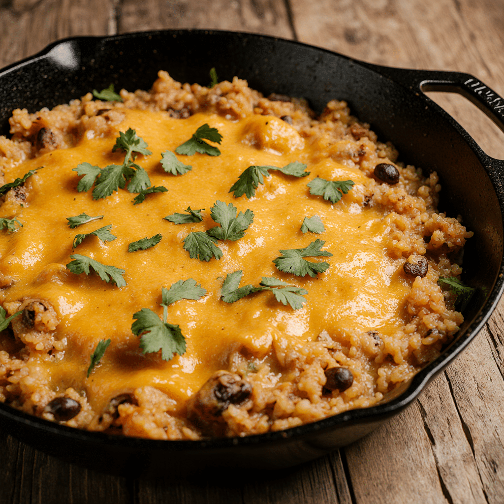 Cheesy Taco Rice – Easy, Fresh & Delicious 4 Close-up of cheesy taco rice in a rustic cast iron skillet, vibrant melted cheese, scattered cilantro, natural daylight, blurred farmhouse wooden table, ultra sharp food