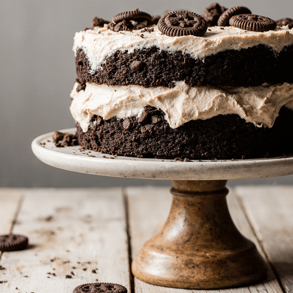 close-up_of_cookies_and_cream_cake_in_a_rustic_bowl_or_on_a_cake_stand_vibrant_contrast_of_crunchy__d67hc9eg8hmba7jeht2r_2 Homemade cookies and cream cake with layers of moist chocolate cake, cookies and cream buttercream frosting, and crushed Oreos on top, styled on a white cake stand with minimal kitchen decor