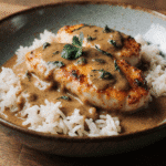Creamy Smothered Chicken and Rice 8 Close-up of creamy smothered chicken served over fluffy white rice, golden seared chicken pieces smothered in rich creamy gravy with visible herbs, garnished with fresh parsley, rustic farmhouse ceramic bowl on a wooden kitchen table, soft warm natural daylight, cozy homestyle food styling, ultra-detailed textures, appetizing family dinner scene