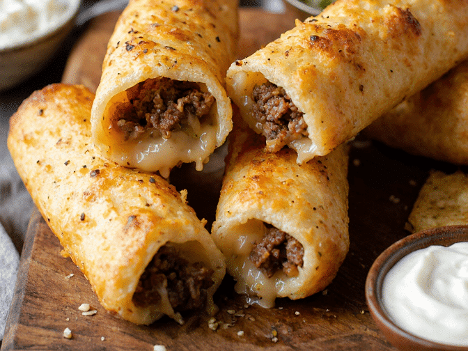 Golden cheesy taco sticks filled with seasoned beef and gooey melted cheese, served with bowls of salsa, taco rice, and sour cream on the side.