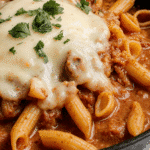 Creamy cheesy taco pasta in a rustic skillet, topped with melted cheese, fresh cilantro, and served with a wooden spoon in warm kitchen light.