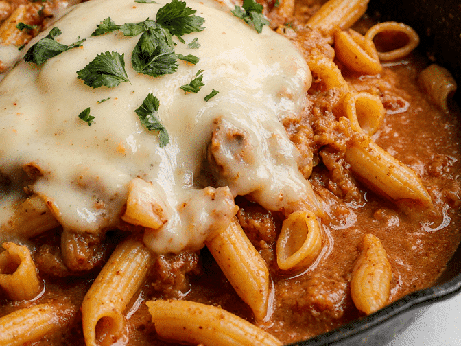 Creamy cheesy taco pasta in a rustic skillet, topped with melted cheese, fresh cilantro, and served with a wooden spoon in warm kitchen light.