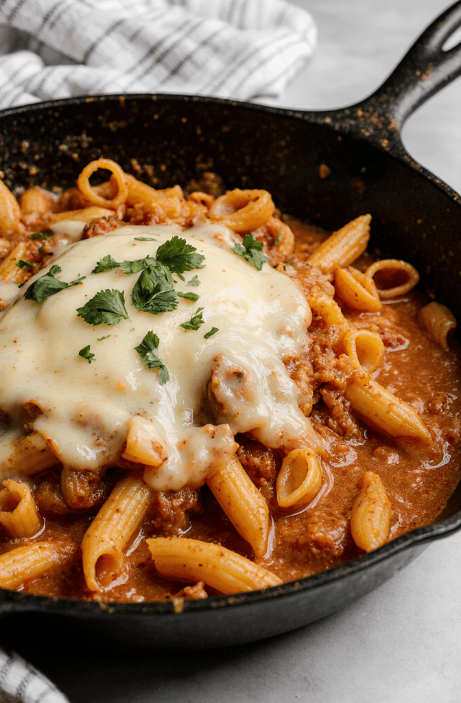 Creamy cheesy taco pasta in a rustic skillet, topped with melted cheese, fresh cilantro, and served with a wooden spoon in warm kitchen light.