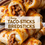 Cheesy Taco Sticks – Easy, Fresh & Delicious 5 Golden brown cheesy taco sticks filled with seasoned beef and gooey melted cheese, served with salsa and sour cream on a rustic wooden platter.