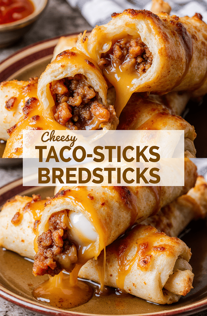 Cheesy Taco Sticks – Easy, Fresh & Delicious 4 Golden brown cheesy taco sticks filled with seasoned beef and gooey melted cheese, served with salsa and sour cream on a rustic wooden platter.