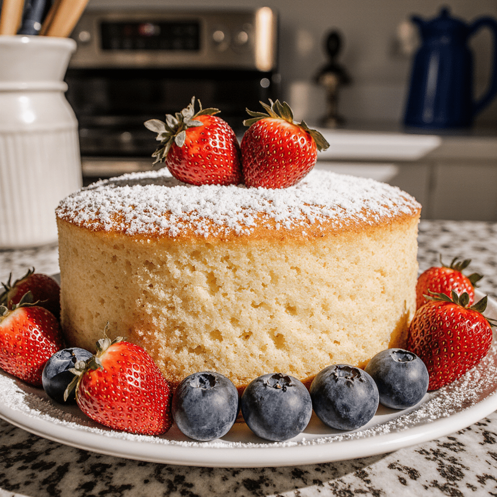 close up of light and fluffy sponge cake slice on a rustic wooden table golden airy crumb dusted wi 17a0ov7t2la307a75ttv 3