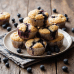 close up of perfect classic blueberry muffins stacked on a rustic plate golden tops bursting with b xn6map1bp57xpidgbbdi 2