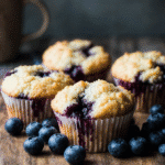 close up of perfectly moist irresistible blueberry muffins on a rustic wooden plate blueberries sc bps7emhthu69742tjcqa 0