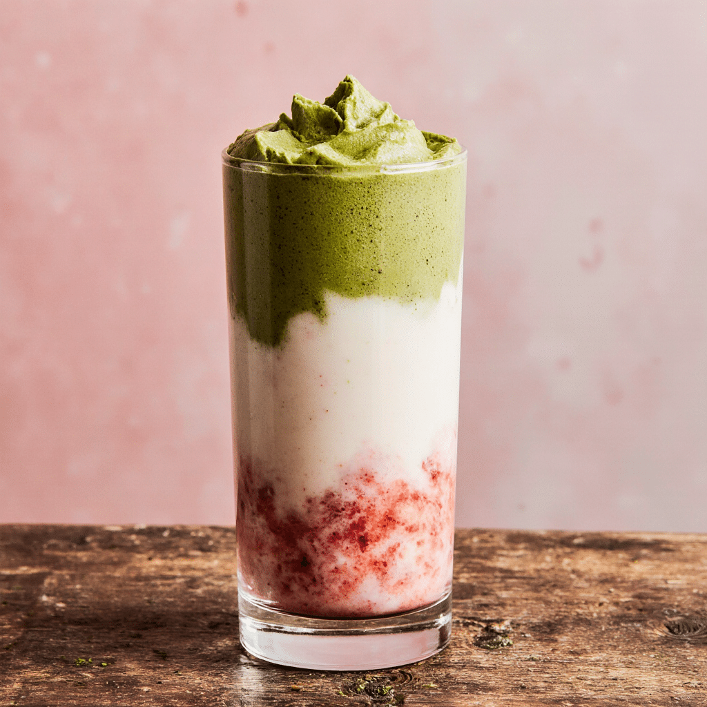 close-up_of_strawberry_matcha_latte_in_a_tall_glass_pink_strawberry_layer_creamy_milk_middle_and Close-up of Strawberry Matcha Latte in a tall glass, pink strawberry layer, creamy milk middle, and vibrant green matcha top, rustic wooden table, cozy natural daylight, ultra sharp food photography