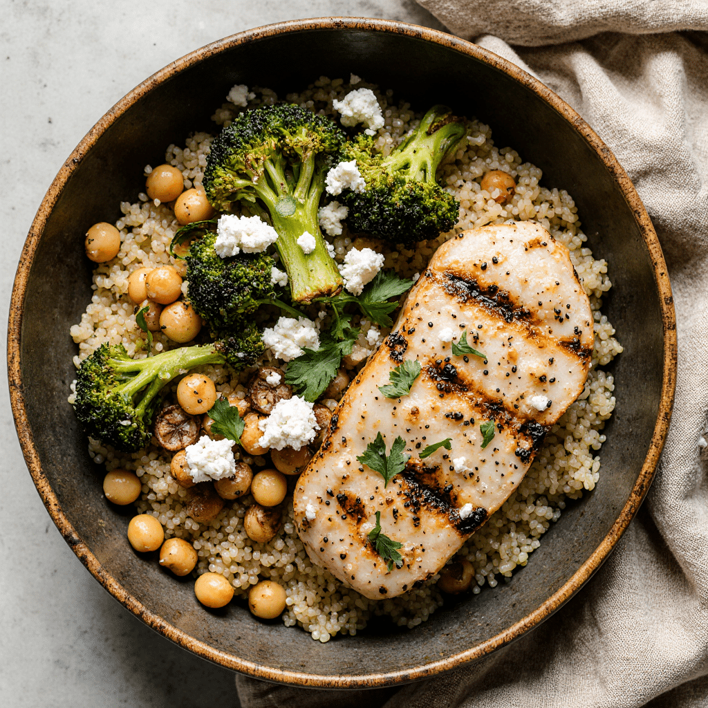 High Protein High Fiber Meals for Balanced Eating 7 Close-up of a high protein high fiber quinoa chicken bowl, vibrant colors, grilled chicken breast sliced on fluffy quinoa, roasted broccoli, chickpeas, sprinkled feta cheese, fresh parsley garnish, rustic wooden bowl on a linen cloth, soft natural daylight, shallow depth of field, cozy Mediterranean kitchen vibe,