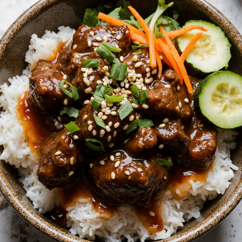 Hot Honey Beef Bowl 7 Hot honey beef bowl served with toppings and garnishes.