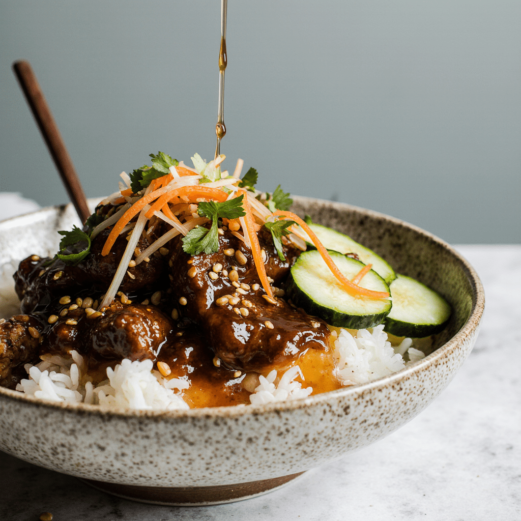 Hot Honey Beef Bowl 6 for hot honey beef bowl including beef, honey, chili flakes, garlic, ginger, rice, and vegetables.