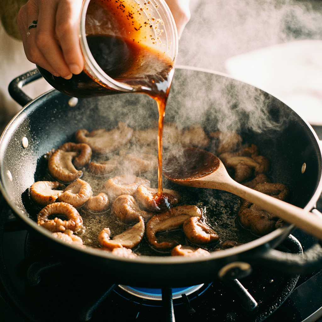 Japanese Miso Mushrooms: Earthy, Savory, and Ready in Minutes 12 adding miso sauce to mushrooms